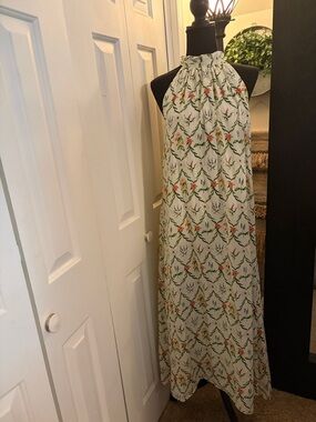 Holly Shae Tie-Back Halter Maxi Dress in Cream with Green & Orange Print